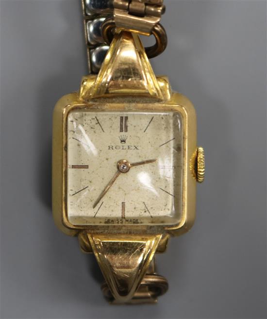 A ladys yellow metal Rolex manual wind wrist watch.
